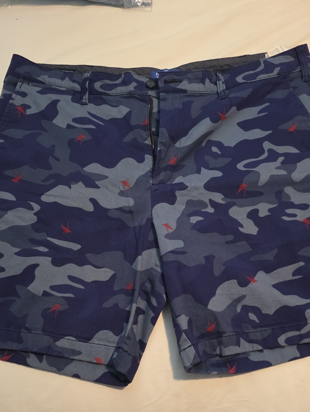Nautica Blue Camouflage Shorts with Red Accent